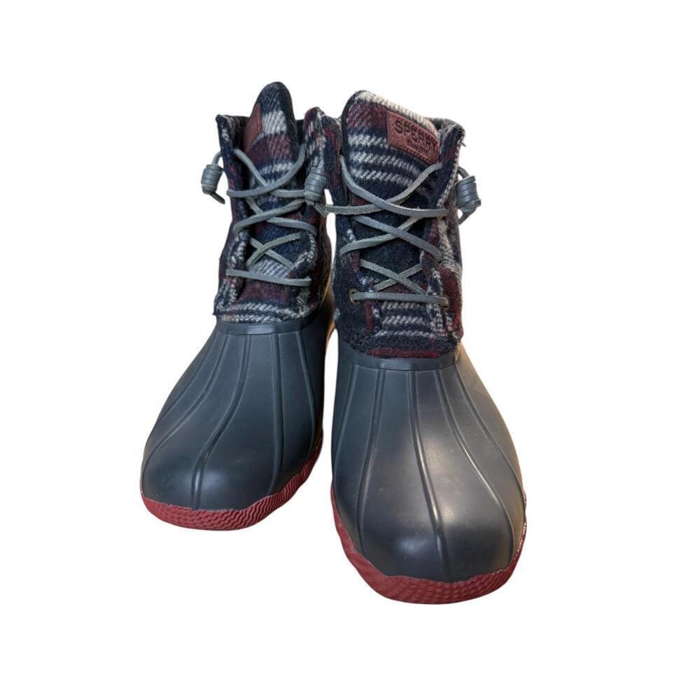 ****Sperry Saltwater Duck Boots Women's Sz 7.5 Navy Blue Red Plaid Wool - Picture 2 of 4